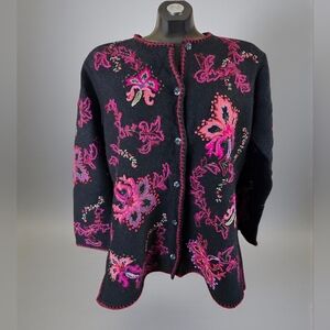 Stunning Vtg Susan Bristol Floral Hand Embroidered Wool & Mohair Wool Cardigan